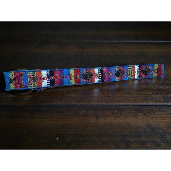 Chico’s Leather Woven Boho Belt Large Brass Buckle Colorful Wide 50” L - Picture 3 of 5
